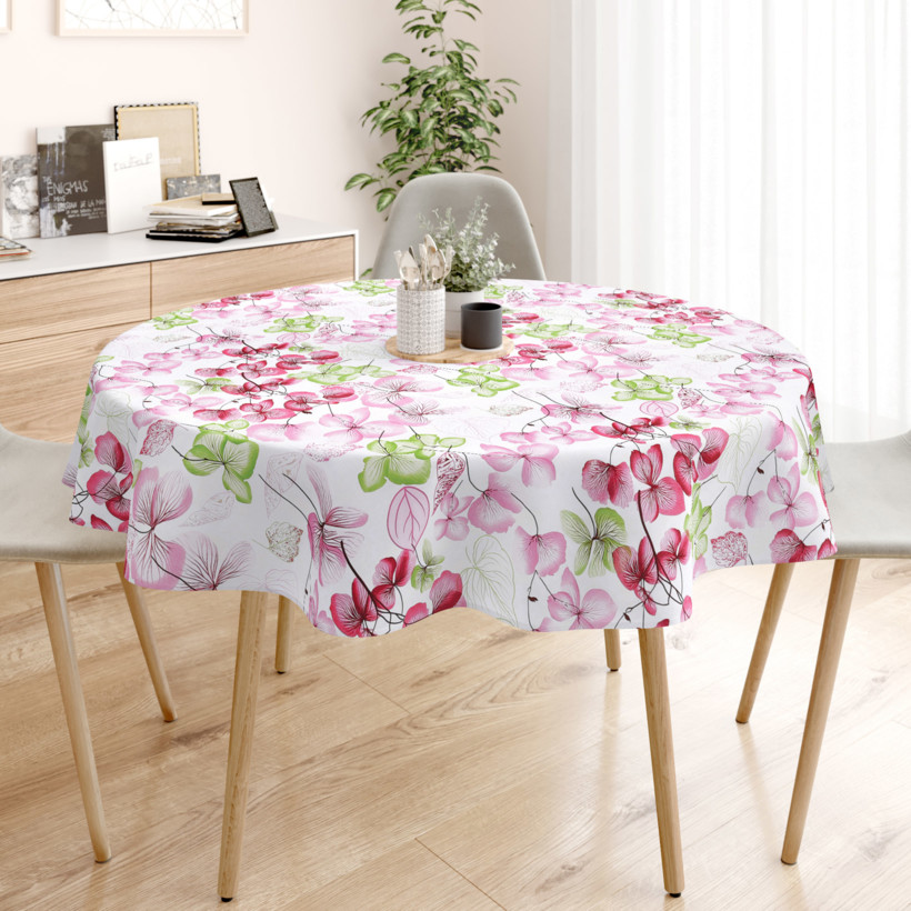 Pamut asztalterítő - rózsaszín - zöld virágok és levelek - kör alakú