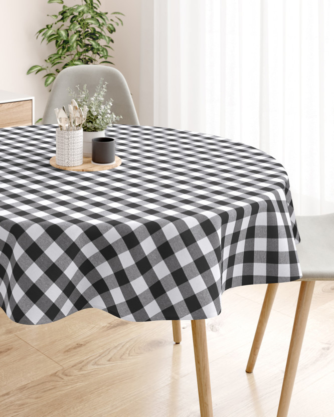 KANAFAS pamut asztalterítő - nagy fekete-fehér kockás - kör alakú