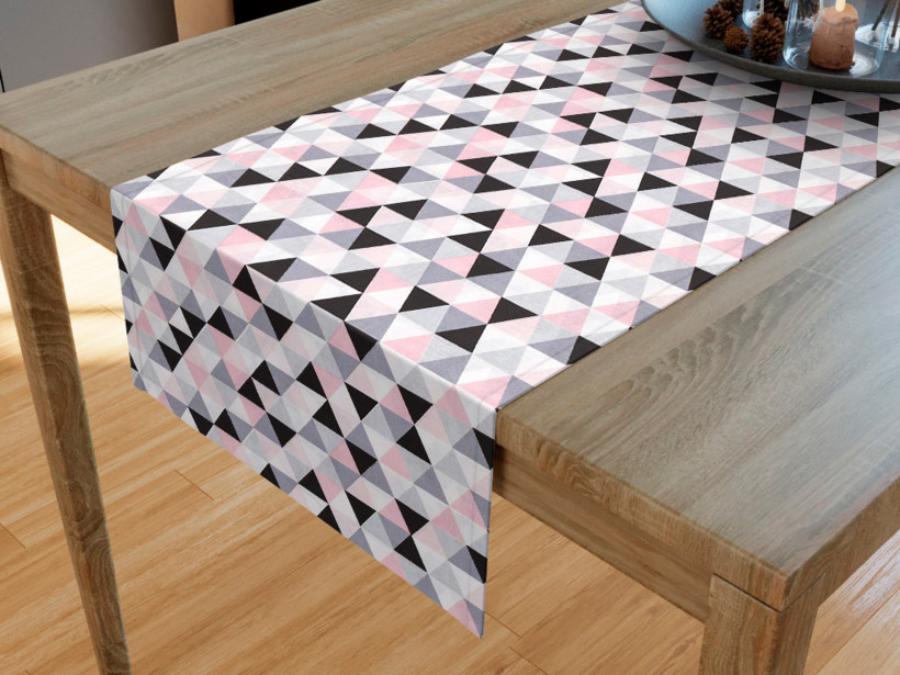 Pamut asztali futó - rózsaszín-szürke háromszögek