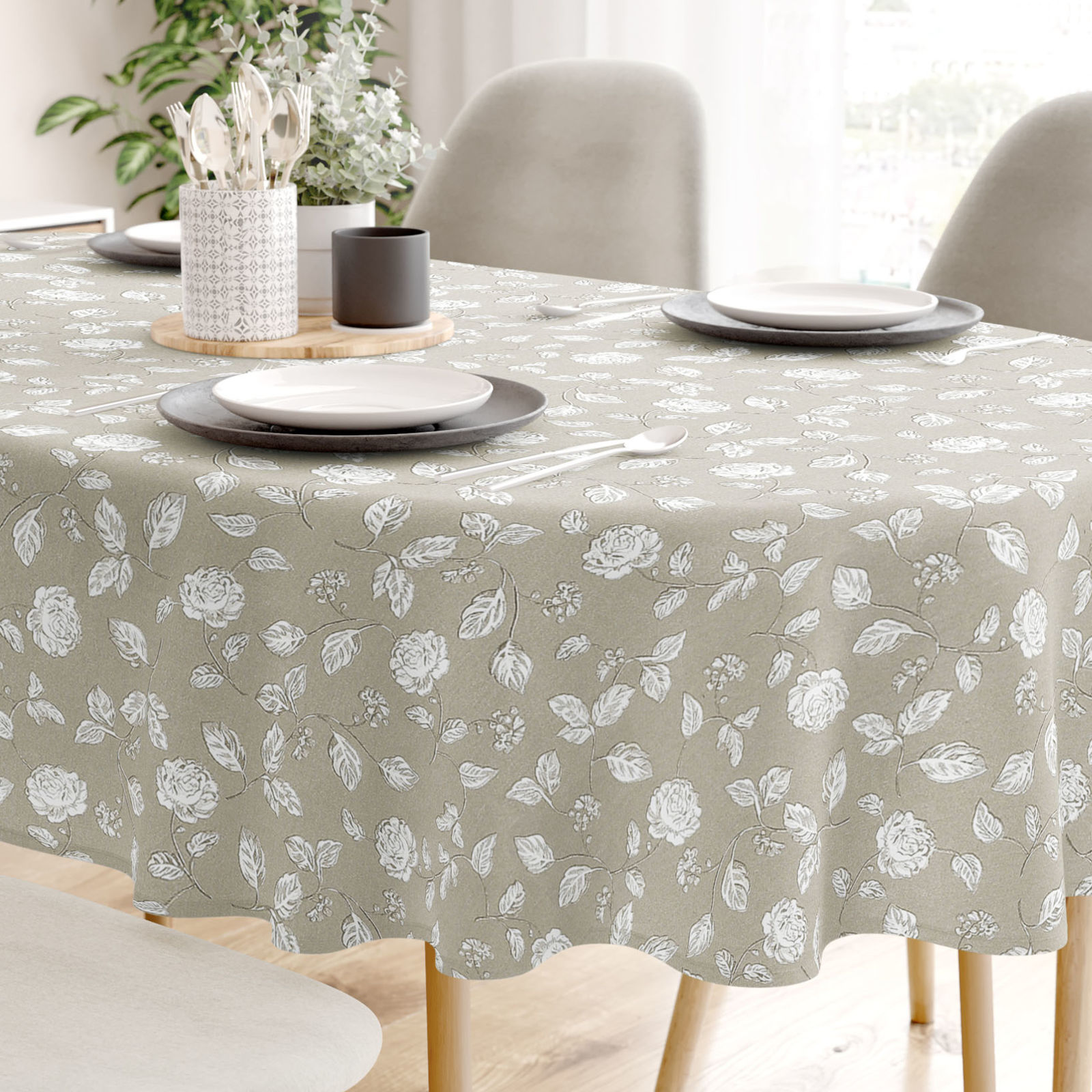 Loneta dekoratív asztalterítő - fehér rózsák - ovális