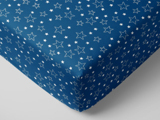 Karácsonyi körgumis pamut lepedő - fehér csillagok kék alapon