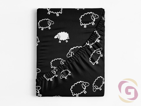 Pamut körgumis lepedő - fehér bárányok fekete alapon