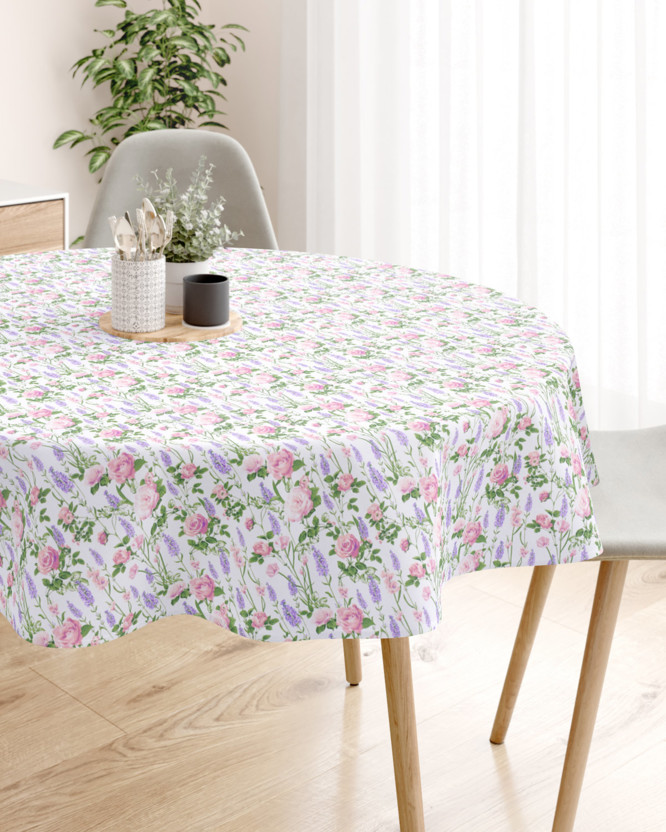 Pamut asztalterítő - rózsa virágok és levandulák - kör alakú