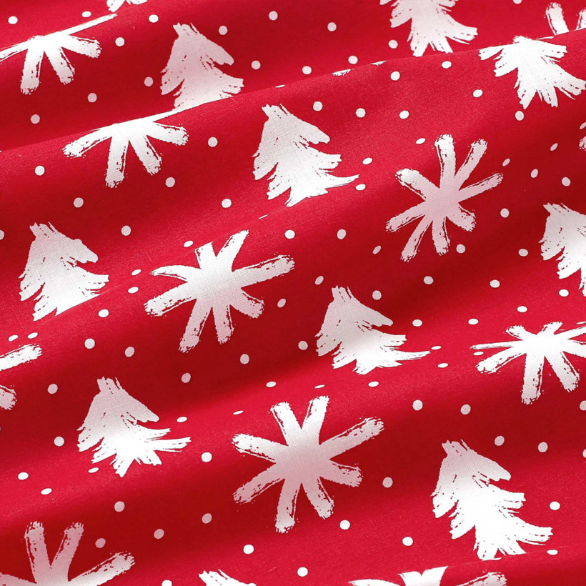 Karácsonyi pamut drapéria - hópihék és karácsonyfák piros alapon