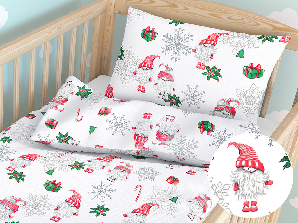 Karácsonyi gyermek pamut ágyneműhuzat kiságyba - cikkszám 1060 manók fehér alapon