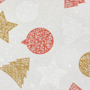Karácsonyi dekoratív anyag VERONA - Piros és aranyszínű karácsonyi szimbólumok fehér alapon - szélesség 140 cm
