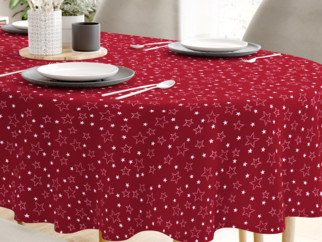 Karácsonyi pamut asztalterítő - fehér csillagok piros alapon - ovális