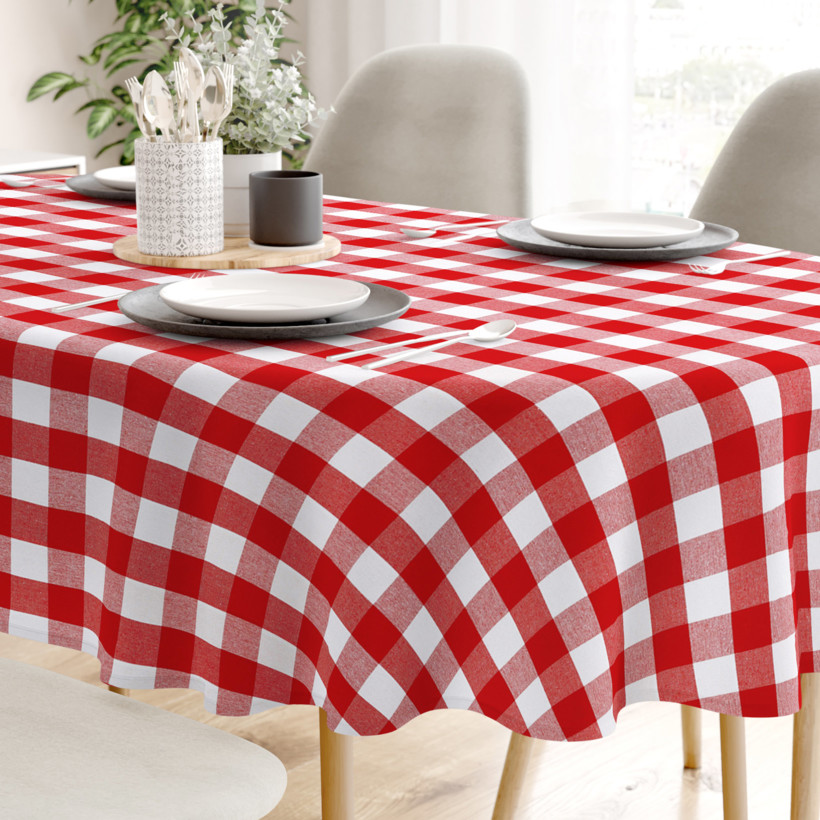 KANAFAS pamut asztalterítő - nagy piros-fehér kockás - ovális
