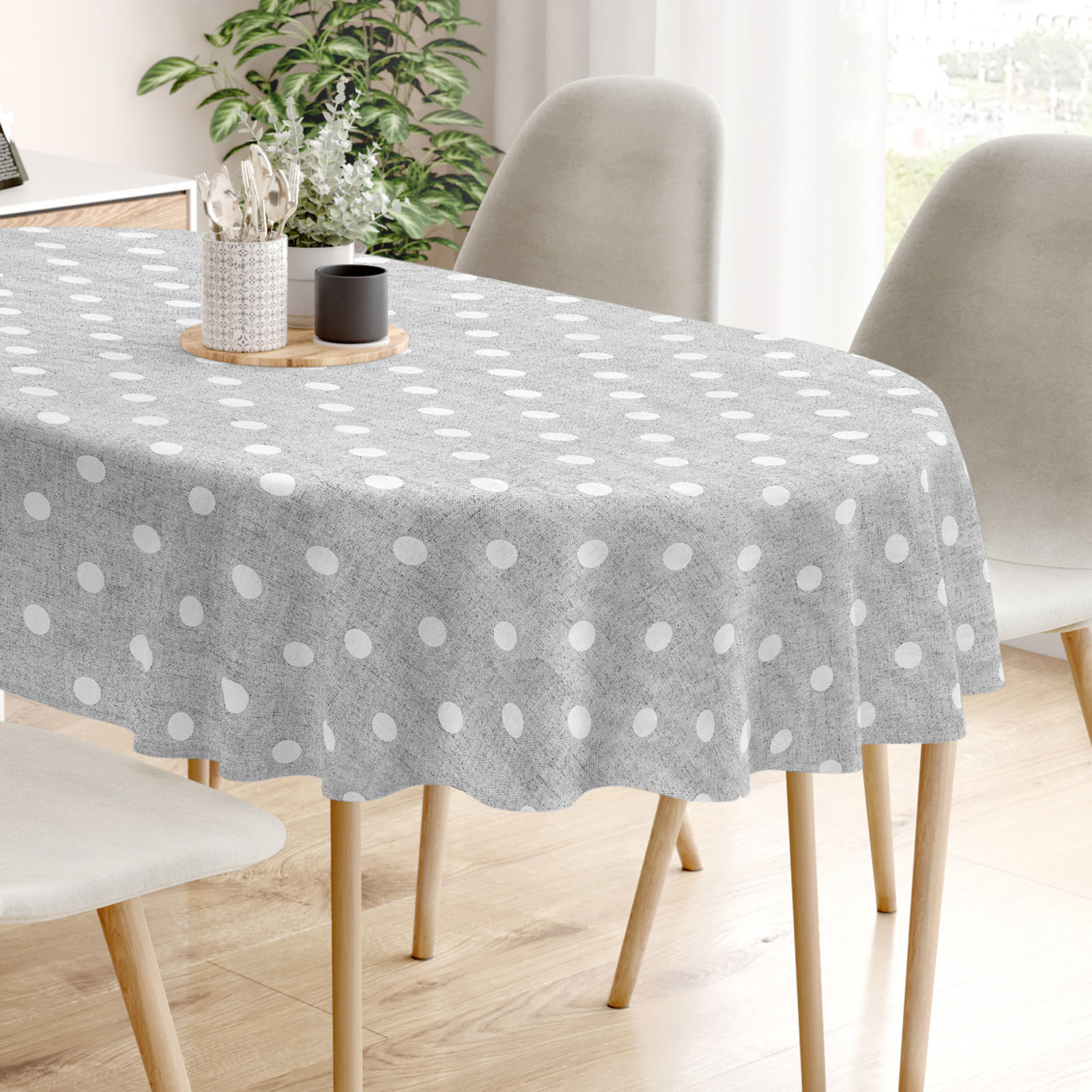 Loneta dekoratív asztalterítő - fehér pöttyös szürke alapon