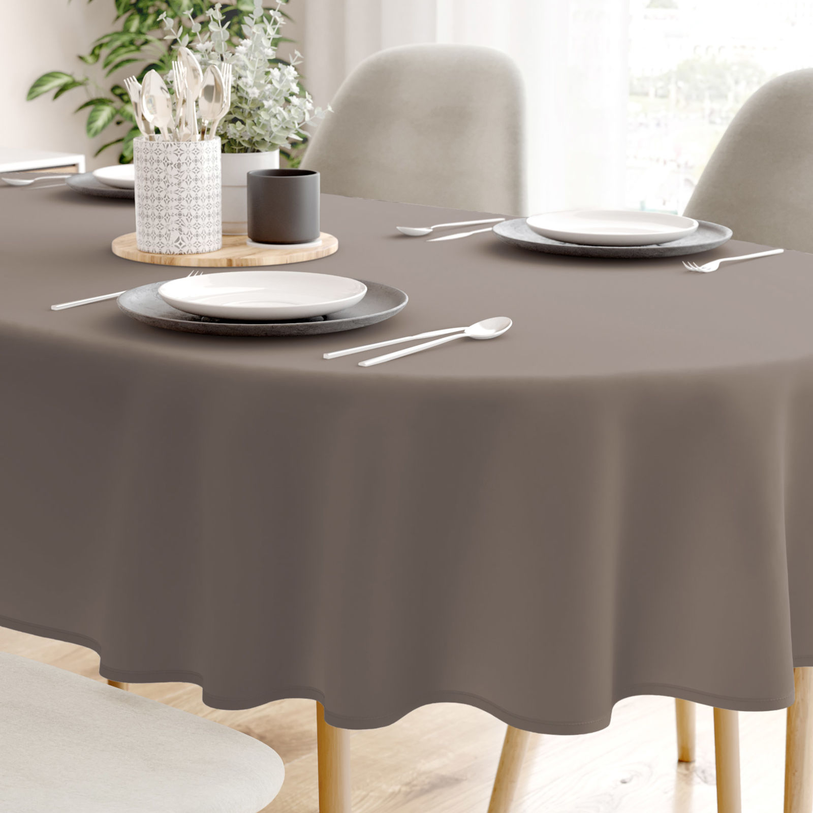 Dekoratív asztalterítő Rongo Deluxe - szürkésbarna, szatén fényű - ovális