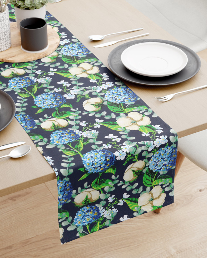 Pamut asztali futó - kék színű hortenzia virágok