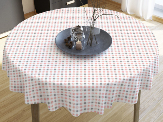 LONETA dekoratív asztalterítő - szívecskék régi rózsaszínű - szürke kockás alapon - kör alakú