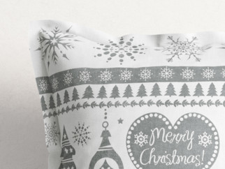 Karácsonyi pamut párnahuzat, dekoratív szegéllyel - karácsonyi szimbólumok, fehér alapon