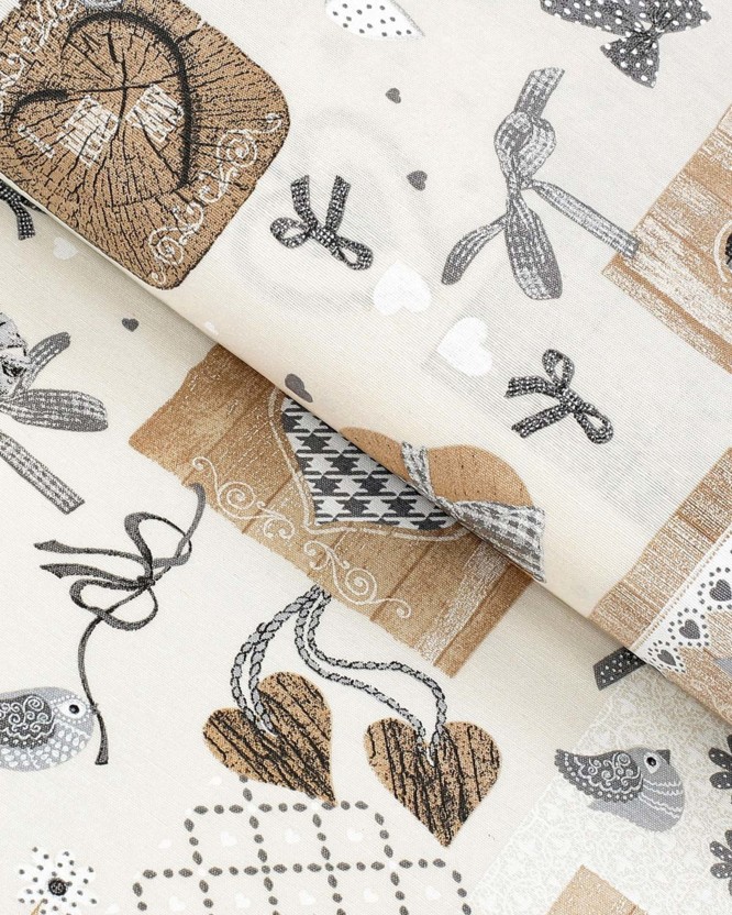 Karácsonyi dekoratív anyag Loneta - szürke szívek - patchwork