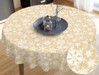 Karácsonyi pamut asztalterítő - hópihék aranyszínű alapon - kör alakú