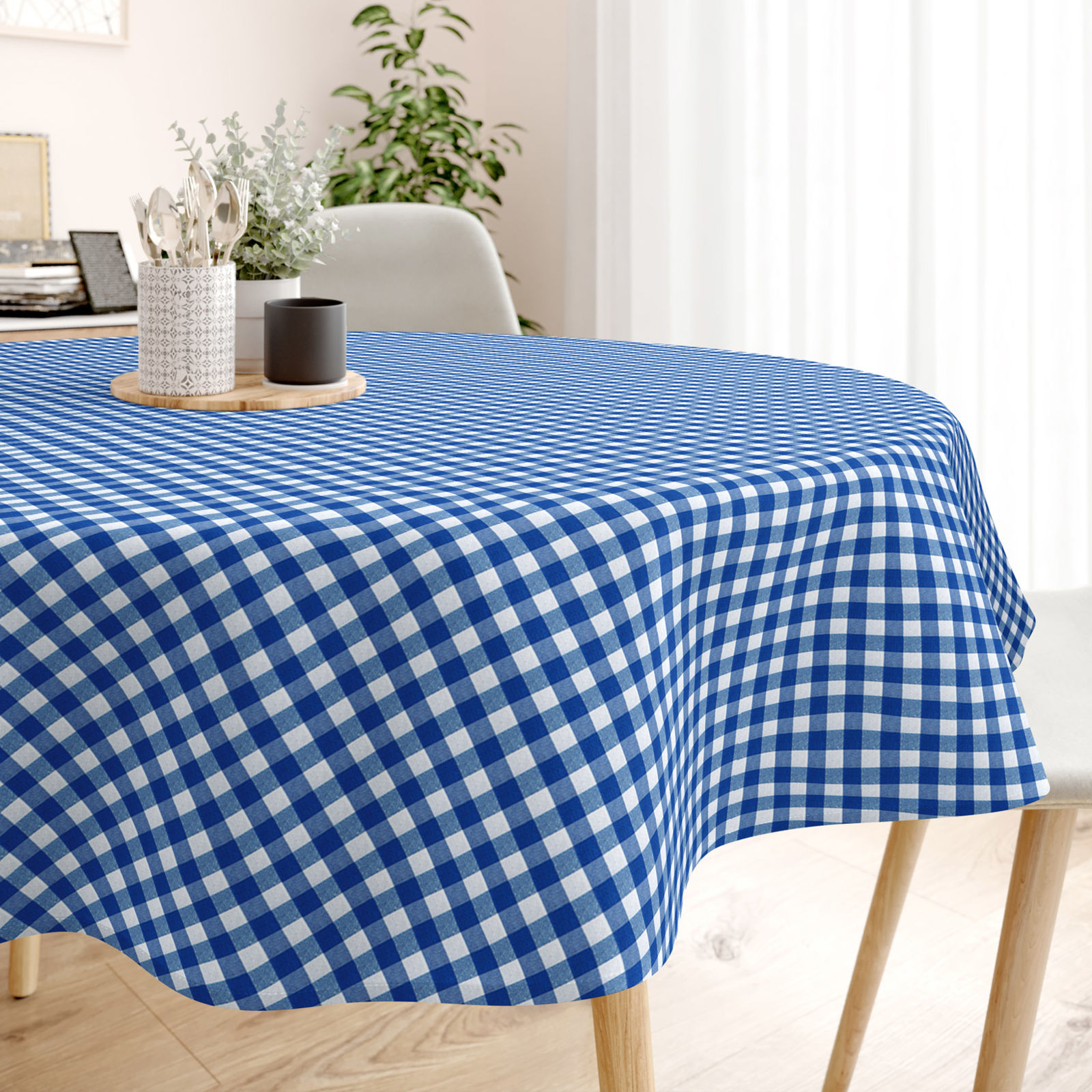 MENORCA dekoratív asztalterítő - kék - fehér kockás - kör alakú