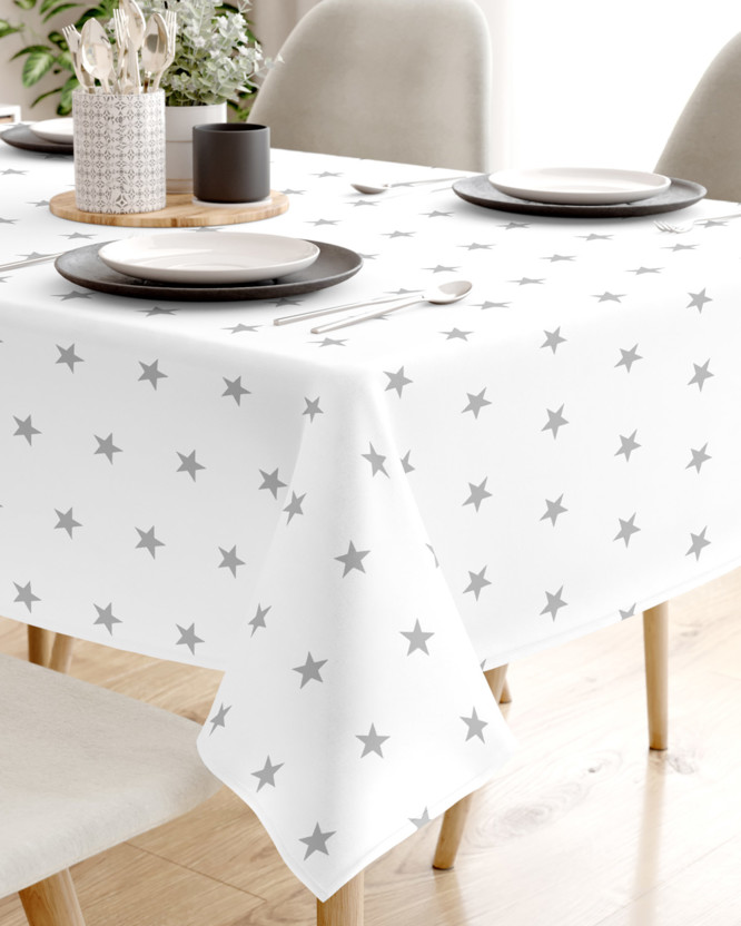 Karácsonyi pamut asztalterítő - szürke csillagok fehér alapon