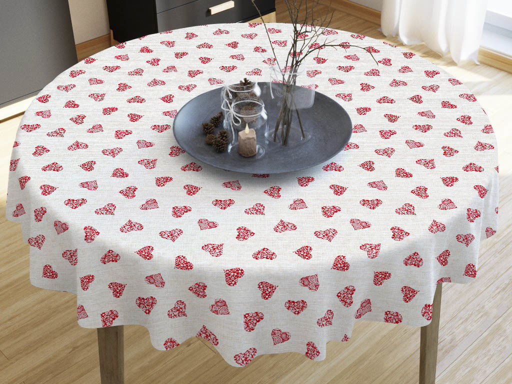 LONETA dekoratív asztalterítő - piros szívecskék - kör alakú