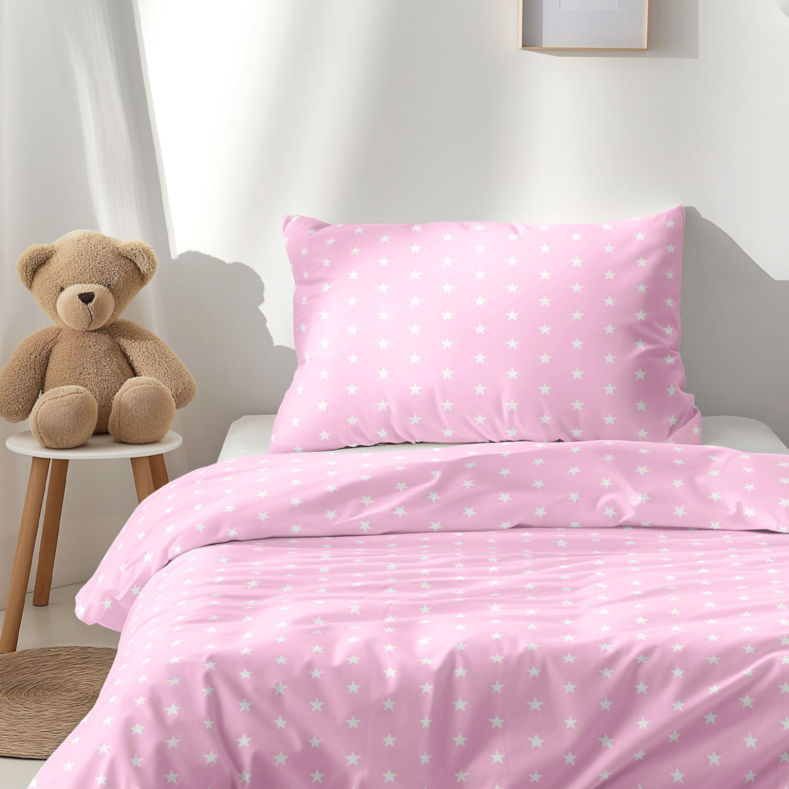 Gyermek pamut ágyneműhuzat - fehér csillagok rózsaszín alapon