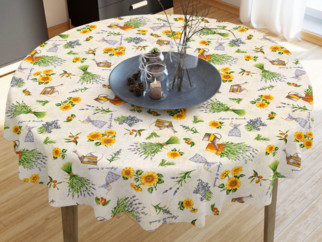 VERONA dekoratív asztalterítő - Napraforgó és levendula virágmintás - kör alakú