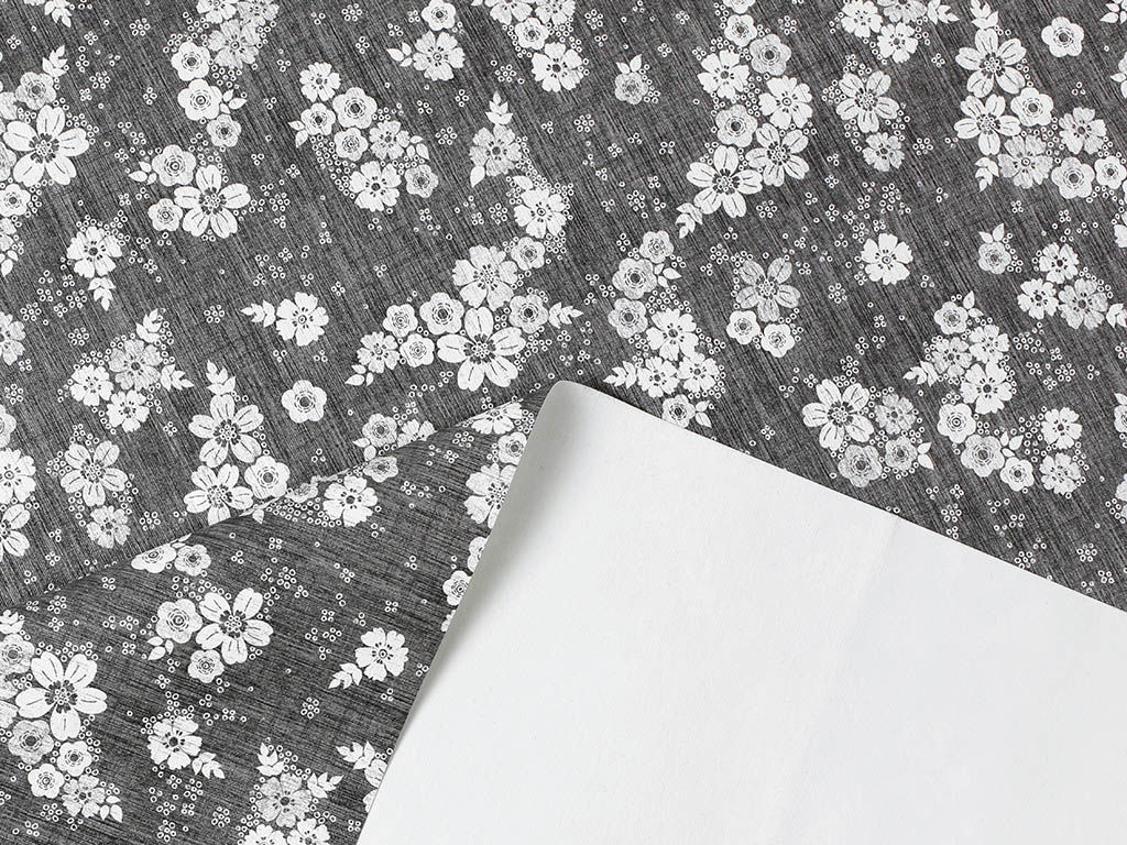 Textil hátoldalú pvc terítő - fehér virágok fekete alapon