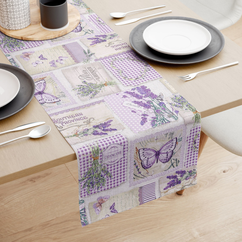 Pamut asztali futó - patchwork levandula és pillangó mintás