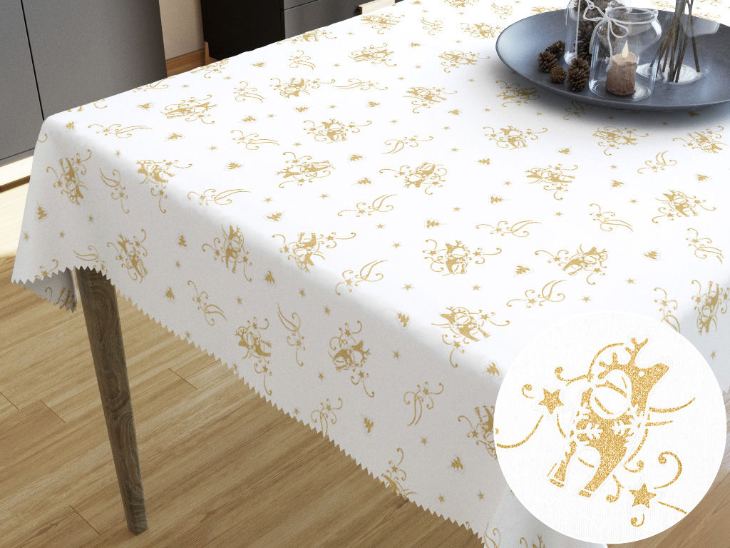 Teflonbevonatú asztalterítő - aranyszínű karácsonyi rénszarvasok fehér alapon
