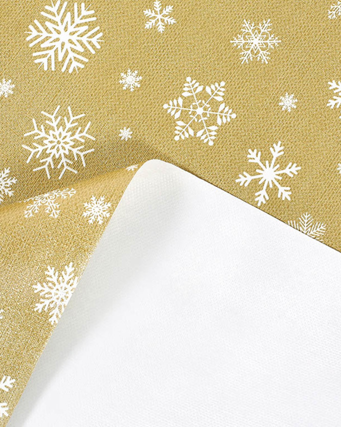 Textil hátoldalú pvc terítő - Karácsonyi mintás, hópihék aranyszínű alapon