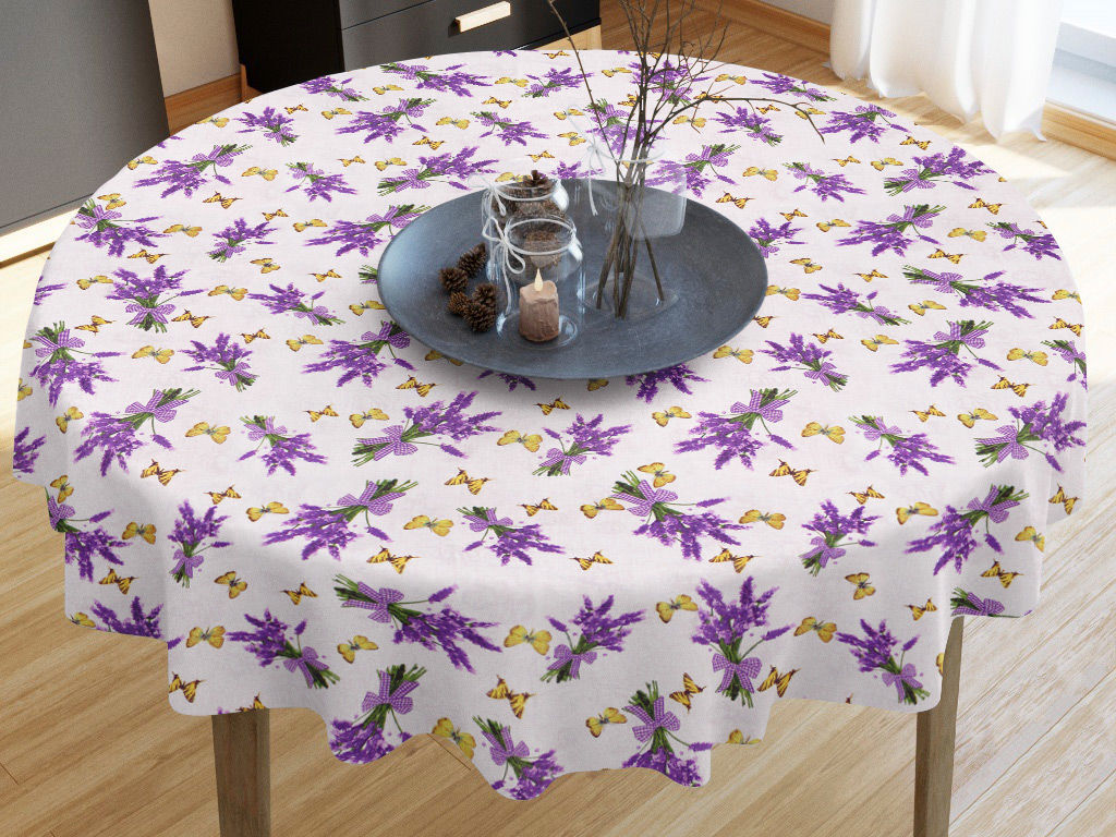 Pamut asztalterítő - levendulavirág és pillangó mintás - kör alakú