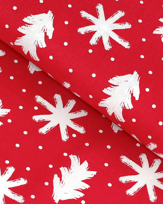 Karácsonyi pamutvászon - hópihék és karácsonyfák piros alapon