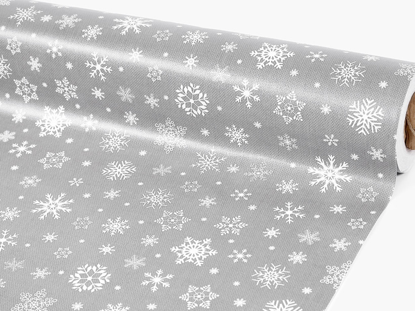 Textil hátoldalú pvc terítő - Karácsonyi mintás, hópihék szürke alapon