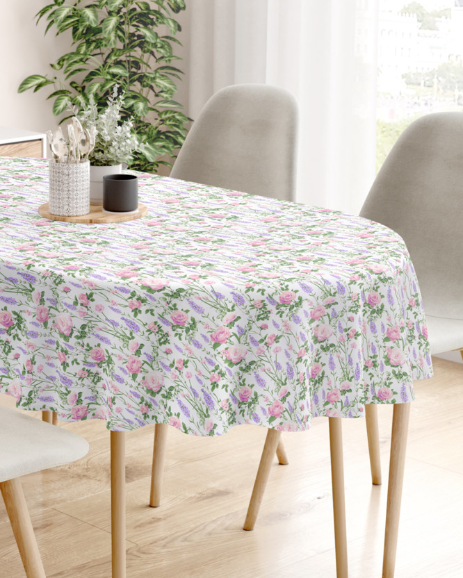 Pamut asztalterítő - rózsa virágok és levandulák - ovális